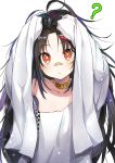  1girl :o ? antenna_hair bandaid bandaid_on_face bandaid_on_nose bangs black_hair blush c-ms_(girls_frontline) collar collarbone eyebrows_visible_through_hair girls_frontline hair_ornament hairclip long_hair looking_at_viewer loose_clothes loose_shirt luse_maonang messy_hair off-shoulder_shirt off_shoulder parted_bangs parted_lips red_eyes shirt simple_background solo white_background 