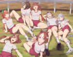  6+girls :o ;d animal_ears black_bra blue_bra blue_eyes bra bra_through_clothes brown_eyes brown_hair daiwa_scarlet dirty_clothes gold_ship grass green_eyes grin gym_shorts hair_ribbon heavy_breathing highres horse_ears horse_tail looking_at_viewer lying mejiro_mcqueen multiple_girls nike on_back one_eye_closed open_mouth orange_hair pink_bra railing ribbon see-through shadow shirt shorts silence_suzuka sitting smile special_week sweat tail tokai_teio umamusume underwear violet_eyes vodka_(umamusume) wet wet_clothes wet_shirt white_bra white_hair yunamul 