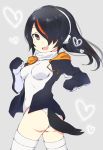  1girl ass bangs black_hair black_jacket boots breasts brown_eyes drawstring emperor_penguin_(kemono_friends) from_side gedou_(ge_ge_gedou) grey_background hair_over_one_eye headphones heart highleg highleg_leotard hood hoodie jacket kemono_friends leotard long_hair long_sleeves looking_at_viewer medium_breasts multicolored_hair open_clothes open_hoodie open_jacket open_mouth smile solo standing streaked_hair thigh-highs thigh_boots white_footwear white_legwear white_leotard 