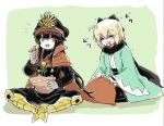  2girls bag black_hair blonde_hair blood blood_from_mouth bow cape chips directional_arrow fang fate_(series) food hair_bow hat holding_cape koha-ace long_hair multiple_girls nejikyuu oda_nobunaga_(fate) okita_souji_(fate) open_mouth red_cape short_hair sitting 