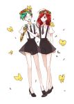  2others ahoge androgynous artist_request bug butterfly closed_eyes eyes_visible_through_hair flower full_body gem_uniform_(houseki_no_kuni) golden_arms green_hair hair_over_one_eye hand_holding hand_on_another&#039;s_hip head_wreath high_heels highres houseki_no_kuni insect multiple_others necktie phosphophyllite red_eyes redhead shinsha_(houseki_no_kuni) short_hair smile sparkle suspenders white_background 