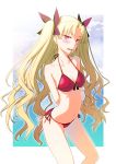  1girl arms_behind_back bangs bikini blonde_hair blush breasts cosplay earrings ereshkigal_(fate/grand_order) fate/apocrypha fate/grand_order fate_(series) highres hitotose_rin jewelry looking_at_viewer medium_breasts mordred_(fate)_(all) mordred_(fate)_(cosplay) mordred_(swimsuit_rider)_(fate) mordred_(swimsuit_rider)_(fate)_(cosplay) parted_bangs red_bikini red_ribbon ribbon solo string_bikini swimsuit tohsaka_rin two_side_up 