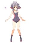  1girl bare_shoulders boots breasts character_request closed_mouth color_guide covered_navel full_body hair_ornament lavender_hair monster_hunter one-piece_swimsuit oota_yuuichi personification purple_footwear purple_swimsuit red_eyes short_hair simple_background small_breasts smile solo standing swimsuit white_background wristband 
