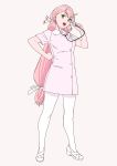  1girl akashi_(kantai_collection) full_body hair_ribbon hand_on_hip kantai_collection long_hair looking_at_viewer nurse ojipon open_mouth pantyhose parted_lips pink_hair ribbon simple_background smile solo standing stethoscope tress_ribbon white_background white_legwear 