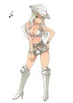  1girl bare_shoulders belt blonde_hair blush boots breasts character_request closed_mouth color_guide contrapposto cowboy_hat crop_top full_body green_eyes grey_footwear hat high_heel_boots high_heels knee_boots large_breasts long_hair looking_at_viewer monster_hunter navel oota_yuuichi personification simple_background smile solo standing white_background white_hat wristband 