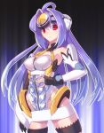  1girl android armpits bare_shoulders blue_hair breasts commentary_request cyborg elbow_gloves expressionless forehead_protector gloves graphite_(medium) highleg kos-mos leotard long_hair red_eyes solo standing thigh-highs traditional_media very_long_hair xenosaga xenosaga_episode_i yukimura_tsubame 