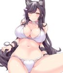  1girl ;) animal_ears atago_(azur_lane) azur_lane bangs black_hair blush breasts brown_eyes choker cleavage commentary_request eyebrows_visible_through_hair fingernails flower hair_flower hair_ornament hair_ribbon hasu_(hk_works) large_breasts long_fingernails long_hair looking_at_viewer lying mole mole_under_eye navel one_eye_closed ribbon sidelocks simple_background smile solo swept_bangs very_long_hair white_background 