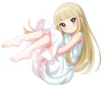  1girl bangs barefoot blonde_hair blue_eyes blunt_bangs blush closed_mouth commentary_request copyright_request dress eyebrows_visible_through_hair highres leg_hug looking_at_viewer sekina simple_background sleeveless sleeveless_dress smile solo sundress white_background white_dress 