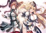  2girls blonde_hair blue_eyes breast_pocket breasts brown_hair cowboy_shot dress elbow_gloves eriyama_(user_csua4255) fingerless_gloves front-tie_top garter_straps gloves grey_eyes hair_between_eyes iowa_(kantai_collection) kantai_collection large_breasts miniskirt mismatched_legwear multiple_girls neckerchief pocket ponytail red_legwear remodel_(kantai_collection) saratoga_(kantai_collection) side_ponytail sidelocks skirt smokestack star star-shaped_pupils striped striped_legwear symbol-shaped_pupils thigh-highs vertical-striped_legwear vertical_stripes white_dress 