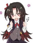  1girl black_hair blush cape fang hair_ribbon ixy long_hair long_sleeves red_eyes ribbon ryuuou_no_oshigoto! skirt tearing_up yashajin_ai 