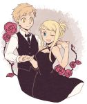  1boy 1girl ;d alphonse_elric bangs bare_arms bare_shoulders black_dress black_pants blonde_hair blue_eyes breasts dress eyebrows_visible_through_hair fingernails floating flower formal fullmetal_alchemist hands_together happy height_difference leaf long_sleeves looking_at_another necktie one_eye_closed open_mouth pants pink_flower pink_rose purple_background rose shirou_(vista) shirt short_hair simple_background sleeveless sleeveless_dress smile standing thorns tied_hair upper_body waistcoat white_background white_shirt winry_rockbell yellow_eyes 