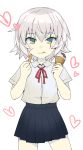  1girl :q bangs black_skirt blue_eyes brown_eyes closed_mouth collared_shirt commentary_request cowboy_shot eyebrows_visible_through_hair facial_scar fate/apocrypha fate/grand_order fate_(series) food gedou_(ge_ge_gedou) green_eyes holding holding_food ice_cream_cone jack_the_ripper_(fate/apocrypha) looking_at_viewer miniskirt neck_ribbon pleated_skirt red_neckwear ribbon scar scar_across_eye scar_on_cheek school_uniform shirt short_hair short_sleeves silver_hair skirt smile solo standing tongue tongue_out white_background white_hair white_shirt 