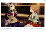  2girls absurdres atelier_(series) atelier_firis blonde_hair closed_eyes dress game_cg green_eyes green_hair hat highres holding holding_instrument instrument jacket jewelry long_hair long_sleeves luis_bester multiple_girls necklace noco_(adamas) official_art scan sitting smile sword tiana_paschen violet_eyes weapon yuugen 