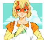  1girl arms_(game) artist_request blonde_hair domino_mask facepaint food green_eyes mask min_min_(arms) noodles shirt short_hair sky solo 