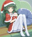  1girl blush capelet christmas closed_mouth couch full_body gloves green_eyes green_hair half-closed_eyes hat hiyajou_maho looking_at_viewer menomorute on_couch pantyhose pillow santa_costume santa_hat sitting solo steins;gate steins;gate_0 wavy_mouth white_legwear 