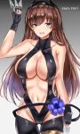  1girl alternate_costume bangs bare_shoulders black_gloves black_legwear black_leotard blue_eyes blush breasts brown_hair center_opening character_name cleavage collarbone cosplay earrings erect_nipples eyebrows_visible_through_hair farys_(afopahqfw) fate/grand_order fate/prototype fate/prototype:_fragments_of_blue_and_silver fate_(series) fingerless_gloves flower gloves gradient gradient_background hairband hassan_of_serenity_(fate) hassan_of_serenity_(fate)_(cosplay) highres hips holding holding_knife hoop_earrings jewelry knife knives_between_fingers large_breasts leotard long_hair looking_at_viewer mata_hari_(fate/grand_order) navel open_mouth smile solo thighs throwing_knife waist weapon 