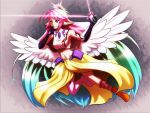  1girl angel_wings artist_request breasts cellphone closed_mouth commentary crop_top feathered_wings finger_to_mouth gloves gradient_hair halo highres jibril_(no_game_no_life) large_breasts long_hair low_wings magic_circle midriff mismatched_legwear multicolored multicolored_eyes multicolored_hair navel no_game_no_life orange_eyes phone pink_hair shoes sideboob single_shoe smile solo stomach tattoo very_long_hair white_wings wing_ears wings yellow_eyes 