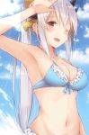  1girl arm_up armpits bangs bare_arms bare_shoulders bikini blue_bikini blue_sky blush breasts cleavage clouds cloudy_sky commentary_request day eyebrows_visible_through_hair fate/grand_order fate_(series) frilled_bikini frills hair_between_eyes hair_ornament halter_top halterneck highres horns kiyohime_(fate/grand_order) long_hair looking_at_viewer medium_breasts navel open_mouth outdoors ponytail red_eyes sidelocks silver_hair sky solo swimsuit very_long_hair yuzuzukushi 