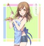  1girl apron bangs bare_arms bare_shoulders blush breasts brown_hair chopsticks cleavage commentary cowboy_shot denim denim_shorts english_commentary eyebrows_visible_through_hair food food_request from_side holding holding_chopsticks holding_food holding_plate kunikida_hanamaru large_breasts light_brown_eyes long_hair looking_at_viewer love_live! love_live!_sunshine!! nearly_naked_apron no_bra parted_lips plate shorts smile solo speech_bubble tonee translated 