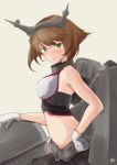  1girl artist_name bangs black_skirt blush breasts brown_hair closed_mouth collar flipped_hair from_side gloves green_eyes grey_background groin hand_on_hip hazuki_futahi headgear kantai_collection looking_at_viewer medium_breasts metal_belt midriff mutsu_(kantai_collection) navel pleated_skirt short_hair simple_background skirt smokestack solo turret upper_body white_gloves 