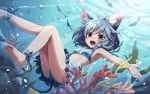  1girl animal_ears ankle_ribbon barefoot bikini blush breasts coral fish grey_hair jewelry kozakura_(dictionary) looking_at_viewer mouse_ears mouse_tail nazrin open_mouth polka_dot polka_dot_bikini polka_dot_swimsuit red_eyes ribbon short_hair small_breasts smile solo swimsuit tail thighs touhou underwater 