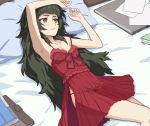  1girl armpits bare_arms bare_shoulders bed bed_sheet bedroom blush breasts cleavage eyebrows green_eyes green_hair half-closed_eyes highres hiyajou_maho indoors lingerie long_hair lying menomorute messy_hair nightgown on_back panties red_panties see-through small_breasts solo steins;gate steins;gate_0 strap_slip underwear very_long_hair 