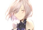  1girl bare_shoulders blush closed_eyes closed_mouth fate/grand_order fate_(series) hair_over_one_eye mash_kyrielight mirei_kh13 short_hair silver_hair simple_background smile solo upper_body white_background 