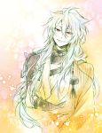 1boy bow hair_bow jacket kogitsunemaru long_hair long_sleeves looking_at_viewer male_focus noeru_(putty) partially_colored pink_background red_eyes smile solo spot_color touken_ranbu white_hair yellow_background