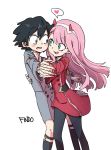  1boy 1girl bangs black_hair black_legwear blue_eyes blush couple darling_in_the_franxx eyebrows_visible_through_hair findoworld fingernails fringe green_eyes hair_ornament hairband hand_holding heart hetero highres hiro_(darling_in_the_franxx) horns long_hair long_sleeves looking_at_another military military_uniform necktie oni_horns orange_neckwear pantyhose pink_hair red_horns red_neckwear short_hair signature uniform white_hairband zero_two_(darling_in_the_franxx) 