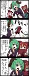  3girls 4koma afterimage ahoge alternate_costume animal_ears arm_around_shoulder bangs bird_wings black_dress black_skirt bow bowtie cape choujuu_gigaku comic commentary_request covered_mouth destruction dress emphasis_lines empty_eyes flower from_behind from_side green_eyes green_hair guitar hair_between_eyes hand_on_another&#039;s_shoulder hat highres instrument jetto_komusou kasodani_kyouko looking_at_viewer microphone motion_lines multiple_girls mystia_lorelei one_knee open_mouth pink_eyes pink_flower pink_hair pink_rose red_eyes redhead rose sekibanki short_hair shouting skirt smirk thumbs_up touhou translation_request upper_body white_legwear wings 