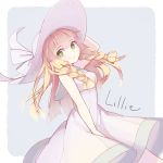  1girl blonde_hair braid character_name dress green_eyes hat highres lillie_(pokemon) long_hair pokemon pokemon_(game) pokemon_sm rrrpct sleeveless sleeveless_dress smile solo sun_hat twin_braids white_dress white_hat 