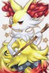  braixen closed_mouth colored_pencil_(medium) cowboy_shot gen_7_pokemon holding_stick looking_at_viewer marker_(medium) no_humans pokemon pokemon_(creature) red_eyes simple_background smile solo soma_somari standing star starry_background traditional_media white_background 