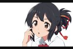  1girl :o black_hair bow bowtie brown_eyes collared_shirt hair_ribbon kimi_no_na_wa letterboxed looking_at_viewer miyamizu_mitsuha omaru_gyuunyuu ponytail red_neckwear red_ribbon ribbon shirt short_hair simple_background solo white_background white_shirt 