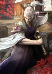  1boy autumn_leaves brown_eyes building copyright_request day fighting_stance grey_hair katana long_hair male_focus outdoors ponytail raypass scar sheath sheathed solo sword weapon 