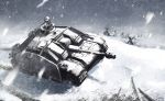  1boy artist_request ground_vehicle military military_vehicle motor_vehicle original snow snowing sturmgeschutz_iii tank 