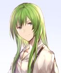  1other aqua_eyes bangs closed_mouth collarbone enkidu_(fate/strange_fake) fate/strange_fake fate_(series) gradient gradient_background green_hair hair_between_eyes mirei_kh13 smile solo straight_hair upper_body 