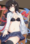 1girl asymmetrical_wings black_bra black_hair black_legwear black_panties blue_skirt blue_wings blush bow bowtie bowtie_removed bra breasts cleavage collarbone commentary_request cowboy_shot from_above hand_on_own_chest head_tilt houjuu_nue igakusei lace lace-trimmed_bra lace-trimmed_panties long_hair long_sleeves looking_at_viewer lying medium_breasts miniskirt navel on_back open_clothes open_shirt panties pleated_skirt pointy_ears red_bow red_eyes red_wings shirt skirt smile solo stomach table thigh-highs touhou underwear white_shirt wings wooden_floor 