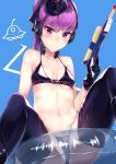  1girl absurdres bikini black_footwear blue_background blush boots breasts cleavage commentary_request fate/grand_order fate_(series) gun hat headphones helena_blavatsky_(fate/grand_order) helena_blavatsky_(swimsuit_archer)_(fate) highres holding holding_gun holding_weapon innertube looking_at_viewer military_hat nanakaku navel ponytail purple_hair short_hair small_breasts smile solo stomach swimsuit thigh-highs thigh_boots transparent ufo under_boob violet_eyes weapon 