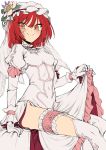  1girl blush breasts copyright_request covered_navel dress geppewi gloves looking_at_viewer orange_eyes redhead scar short_hair solo thigh-highs transparent_background veil white_gloves white_legwear 