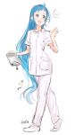  1girl :d alternate_costume blue_eyes blue_hair failure full_body heart highres holding holding_tray kantai_collection long_hair lynchis open_mouth short_sleeves simple_background smile solo speech_bubble tray twitter_username very_long_hair walking white_background 