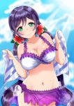  1girl artist_name bikini bikini_skirt blush breasts canary_lly cleavage clouds cloudy_sky collarbone dated eyebrows_visible_through_hair eyes_visible_through_hair flower green_eyes groin hair_flower hair_ornament highres holding holding_towel large_breasts long_hair looking_at_viewer love_live! low_twintails midriff navel purple_hair see-through signature sky smile solo sunlight swimsuit thigh_gap toujou_nozomi towel twintails very_long_hair water_drop wet wide_hips 