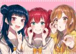  3girls :d :o aqua_eyes blue_hair blush bow bowtie brown_hair commentary_request eyebrows_visible_through_hair followers gesture grin index_finger_raised kunikida_hanamaru kurosawa_ruby long_hair long_sleeves love_live! love_live!_sunshine!! multiple_girls open_mouth pink_background redhead school_uniform side_bun smile sudach_koppe tsushima_yoshiko two_side_up upper_body uranohoshi_school_uniform violet_eyes yellow_cardigan yellow_eyes yellow_neckwear 