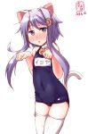  1girl animal_ears artist_logo blue_eyes blue_swimsuit cat_ears cat_tail commentary_request crescent crescent_hair_ornament dated hair_ornament highres kanon_(kurogane_knights) kantai_collection name_tag paw_pose purple_hair school_swimsuit short_hair short_hair_with_long_locks simple_background solo swimsuit tail thigh-highs white_background white_legwear yayoi_(kantai_collection) 