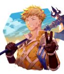  1boy :d blonde_hair brown_gloves closed_eyes commentary_request copyright_request facing_viewer gloves hands_up holding holding_weapon male_focus open_mouth over_shoulder poleaxe smile solo upper_body v vest weapon weapon_over_shoulder yamakawa 