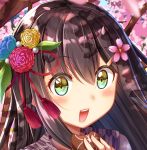  1girl :d bangs blue_flower blurry blurry_foreground blush brown_hair cherry_blossoms commentary_request depth_of_field eating flower green_eyes gurande_(g-size) hair_flower hair_ornament hand_up highres holding long_hair looking_at_viewer multicolored multicolored_eyes open_mouth original outdoors petals pink_flower red_flower smile solo tassel yellow_eyes 