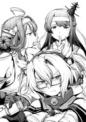  3girls ahoge chrysanthemum commentary_request flower fusou_(kantai_collection) glasses headband kantai_collection kongou_(kantai_collection) lineart looking_at_viewer looking_to_the_side mast multiple_girls musashi_(kantai_collection) smile tk_(takotsuboya) transparent_bangs type_91_armor-piercing_shell 