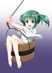  1girl :d bangs bare_legs barefoot blush bucket commentary_request eyebrows_visible_through_hair full_body gradient gradient_background green_eyes green_hair hair_bobbles hair_ornament highres japanese_clothes kimono kisume long_sleeves looking_at_viewer open_mouth purple_background rope ruu_(tksymkw) short_hair sidelocks sitting smile solo swinging touhou twintails white_kimono wooden_bucket 