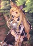  1girl animal_ears armor blonde_hair braid collarbone commentary_request erune gloves granblue_fantasy ibuki_notsu long_hair open_mouth red_eyes sitting solo thigh-highs tree yuisis_(granblue_fantasy) 