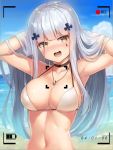  1girl arms_up bikini bikini_top black_choker blue_sky blurry blurry_background blush breasts brown_eyes choker cleavage clouds collarbone commentary day depth_of_field facial_mark girls_frontline hair_ornament hands_in_hair head_tilt highres hk416_(girls_frontline) horizon jewelry large_breasts long_hair looking_at_viewer motokonut navel nose_blush ocean open_mouth outdoors pendant recording silver_hair sky solo swimsuit very_long_hair viewfinder water white_bikini 