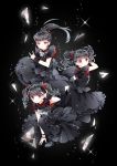  3girls \m/ ayumaru_(art_of_life) babymetal bangs black_background black_dress black_hair blunt_bangs bracelet dress drill_hair fingerless_gloves gloves grin highres jewelry kikuchi_moa looking_at_viewer mizuno_yui multiple_girls nakamoto_suzuka pantyhose ponytail scrunchie single_glove smile twin_drills twintails 